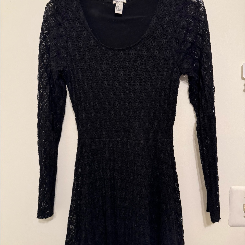 Forever 21 Black Long Sleeve Lace Fit & Flare Dress